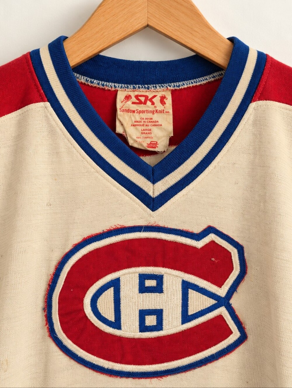 Men’s Vintage 80s White/Red Montreal Hockey Cloth Jersey - Size Largr